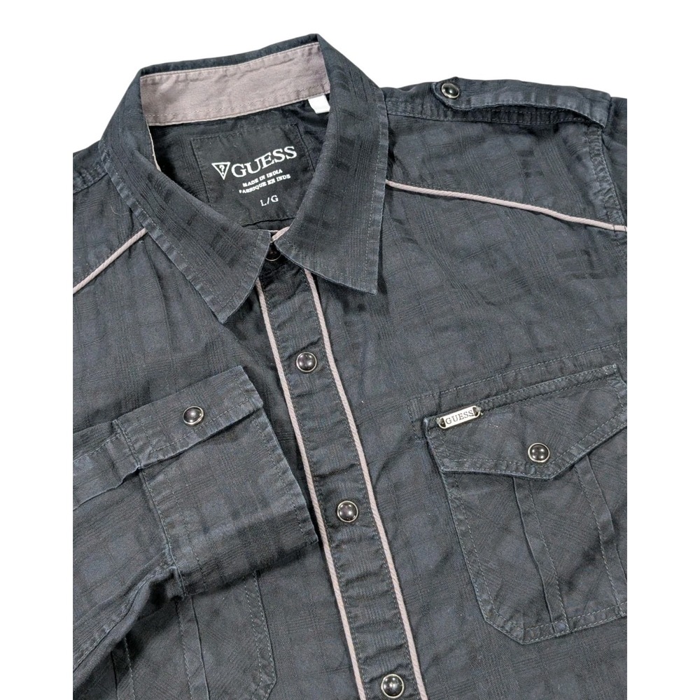Guess Jeans Snap Front Shirt Mens Large Black Tonal Plaid Y2K Military Epaulet